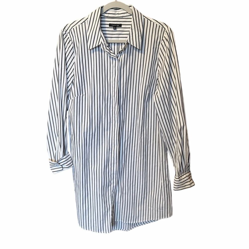 Vision 155 white black stripe long sleeve button front tunic top lagenlook large